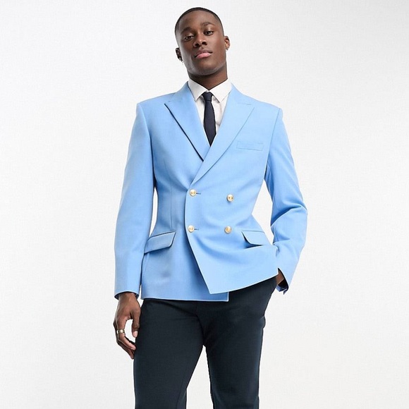 ASOS DESIGN wedding skinny blazer with gold buttons in blue - Picture 2 of 5